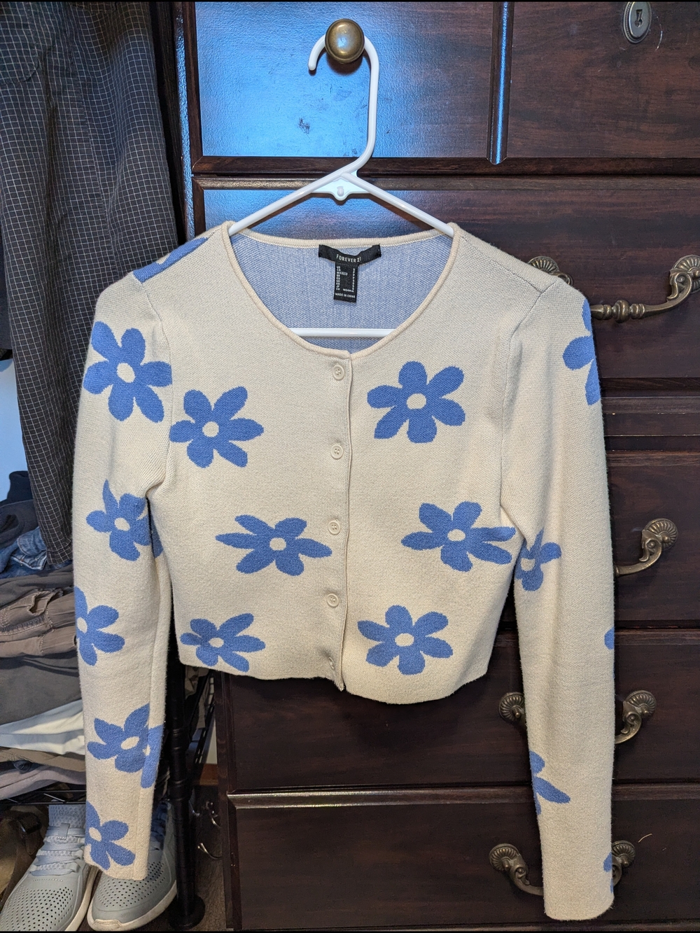 Forever 21 Cream Cropped Cardigan with Periwinkle Floral Print
